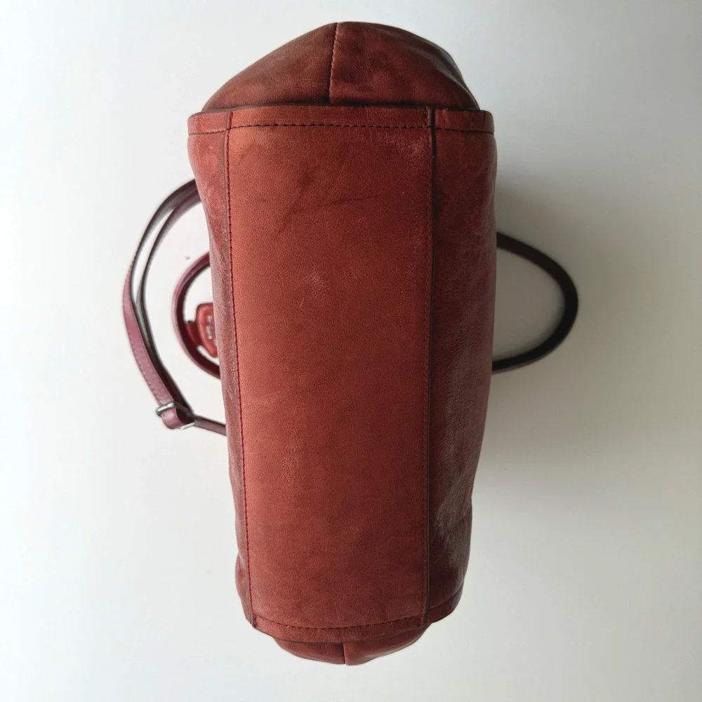 Olivia Harris Double Top Satchel Distressed Red Leather Shoulder Bag Purse - Picture 7 of 14
